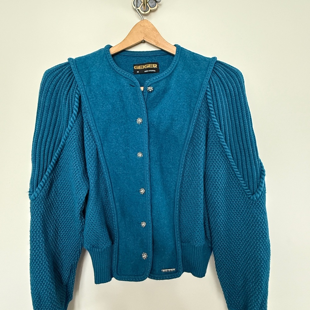 Geiger Austrian Wool Cardigan Jacket | Teal Boiled Wool Sweater | Size 38